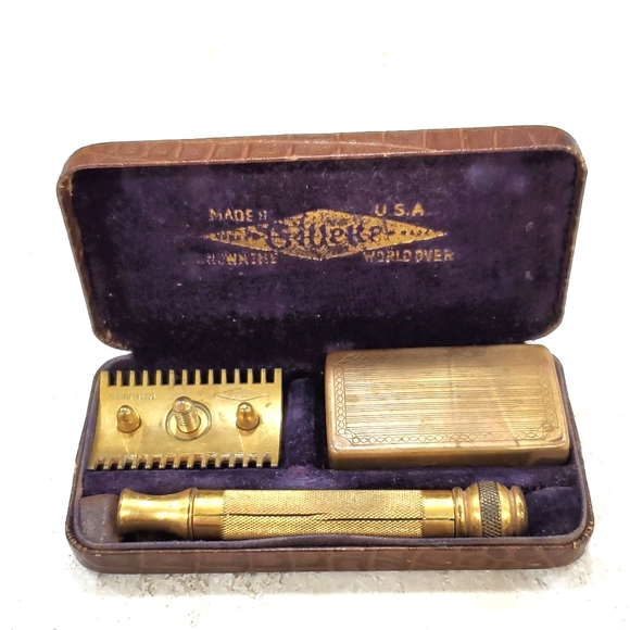 Vintage Gillette shaving kit alligator look brown case - Picture 1 of 16